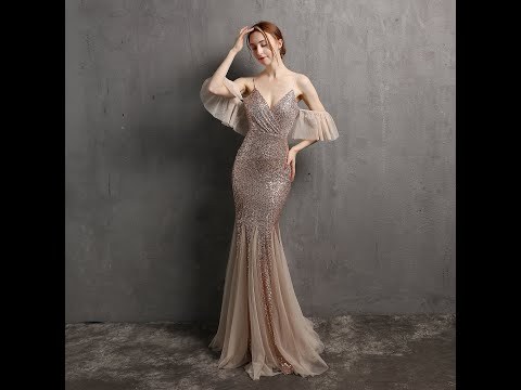 Off-The-Shoulder Gown Vintage Bridesmaid Wedding Sequin Mermaid Gown
