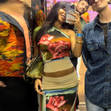 Retro-Printed Two-Piece Set with Asymmetric Shoulder and Single Sleeve
