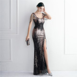 Short-Sleeve V-Neck Sequined Mermaid Evening Gown