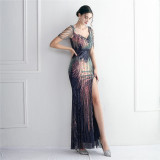 Short-Sleeve V-Neck Sequined Mermaid Evening Gown