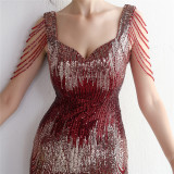 Short-Sleeve V-Neck Sequined Mermaid Evening Gown