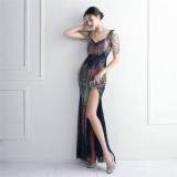 Short-Sleeve V-Neck Sequined Mermaid Evening Gown