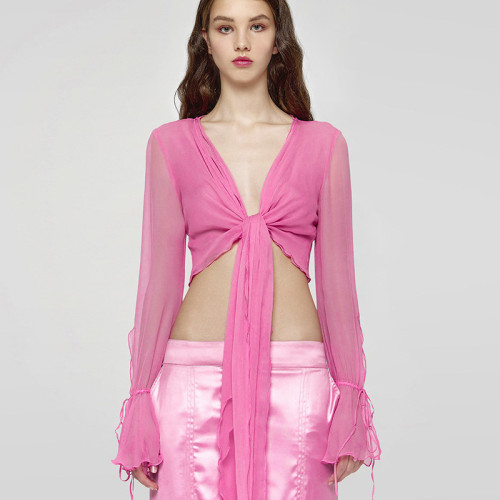 Women's Rose color Chiffon Cardigan V-Neck Tie Waist T-Shirt