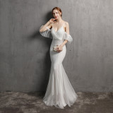 Off-The-Shoulder Gown Vintage Bridesmaid Wedding Sequin Mermaid Gown