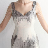 Short-Sleeve V-Neck Sequined Mermaid Evening Gown