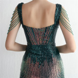 Short-Sleeve V-Neck Sequined Mermaid Evening Gown