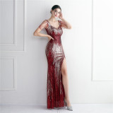 Short-Sleeve V-Neck Sequined Mermaid Evening Gown
