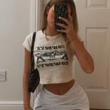 Round Neckline Letter Print Short Sleeve Tight-Fit T-Shirt