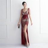 Short-Sleeve V-Neck Sequined Mermaid Evening Gown
