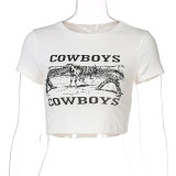 Round Neckline Letter Print Short Sleeve Tight-Fit T-Shirt