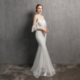 Off-The-Shoulder Gown Vintage Bridesmaid Wedding Sequin Mermaid Gown