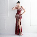 Short-Sleeve V-Neck Sequined Mermaid Evening Gown