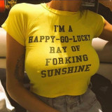 Yellow Round Neckline Short-sleeved T-shirt with Letter Print