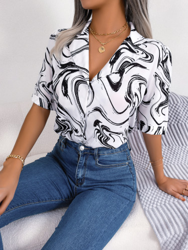 Printed Relaxed Fit Short-Sleeve Shirt with Contrasting Lapel
