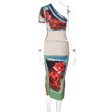 Retro-Printed Two-Piece Set with Asymmetric Shoulder and Single Sleeve