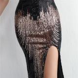 Short-Sleeve V-Neck Sequined Mermaid Evening Gown