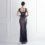 Short-Sleeve V-Neck Sequined Mermaid Evening Gown
