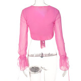 Women's Rose color Chiffon Cardigan V-Neck Tie Waist T-Shirt