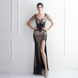 Short-Sleeve V-Neck Sequined Mermaid Evening Gown