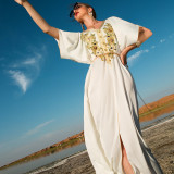 Golden Lace Embroidery Hand-stitched Rhinestone Evening Kaftan Dress