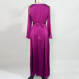 Long Sleeves Rhinestone Contrast Trim Tie Back Satin Kaftan Party Dress