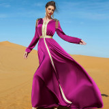 Long Sleeves Rhinestone Contrast Trim Tie Back Satin Kaftan Party Dress