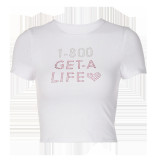 Fashion Basic Letter Cute Rhinestones Trim Tees