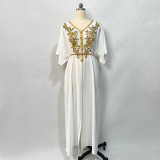 Golden Lace Embroidery Hand-stitched Rhinestone Evening Kaftan Dress