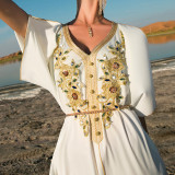 Golden Lace Embroidery Hand-stitched Rhinestone Evening Kaftan Dress
