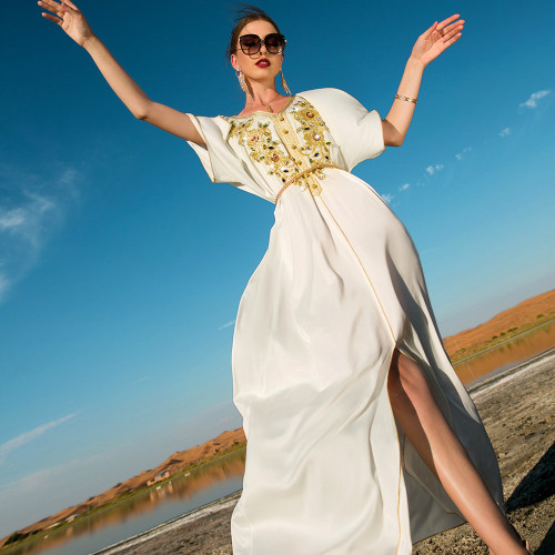 Golden Lace Embroidery Hand-stitched Rhinestone Evening Kaftan Dress