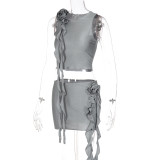 Grey Flower Decoration Crop Top Mini Skirt Set