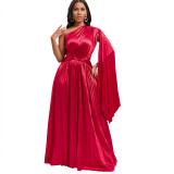 Single Shoulder Cinched Waistline Pleated Maxi Dress