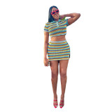 Fashion Lapel Short Sleeve Stripe Colorblock Sexy Knit Women's Skirt Set