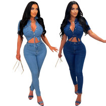 Sexy Turndown Neck Short Sleeve Hollow Out Denim Jumpsuit Sexy Turndown Neck Short Sleeve Hollow Out Denim Jumpsuit
