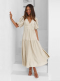 Deep V-neck Bubble Sleeve Vacation Dress