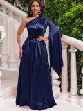 Single Shoulder Cinched Waistline Pleated Maxi Dress