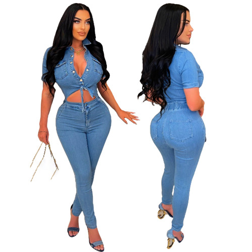 Sexy Turndown Neck Short Sleeve Hollow Out Denim Jumpsuit