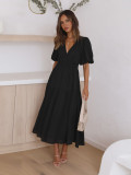 Deep V-neck Bubble Sleeve Vacation Dress