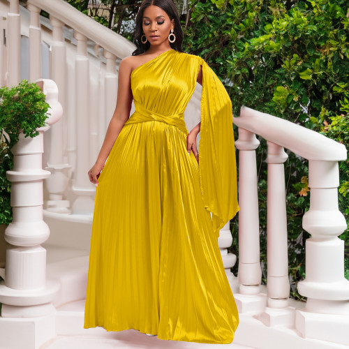 Single Shoulder Cinched Waistline Pleated Maxi Dress