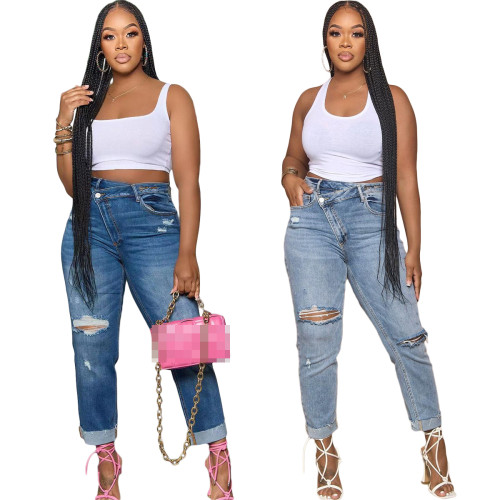 Women Denim Pant Ripped Diagonal Zip Jeans