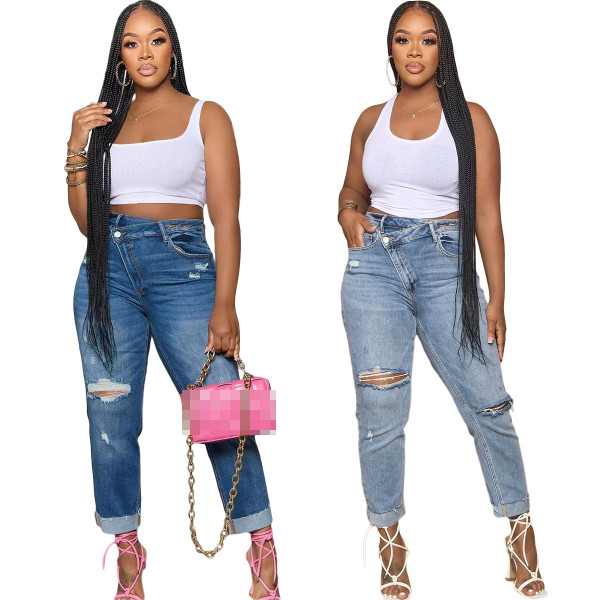 Women Denim Pant Ripped Diagonal Zip Jeans