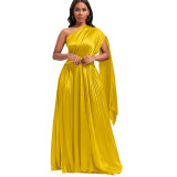 Single Shoulder Cinched Waistline Pleated Maxi Dress