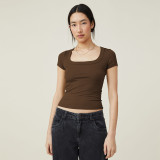 Square Neckline And Ribbed Knit Fabric Short Sassy Women's Top