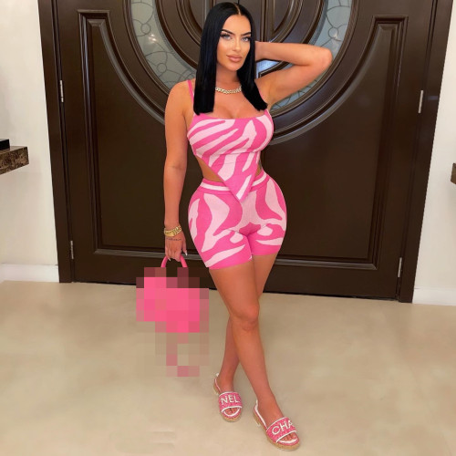 Casual 2 Piece Set Straps Zebra Print Short Set