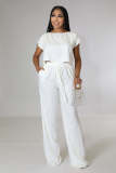 High Waisted Wide Leg Pants and Loose-fitting Cotton and Linen Top Two-piece Set
