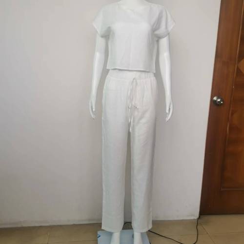 High Waisted Wide Leg Pants and Loose-fitting Cotton and Linen Top Two-piece Set