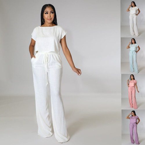 High Waisted Wide Leg Pants and Loose-fitting Cotton and Linen Top Two-piece Set