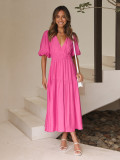 Deep V-neck Bubble Sleeve Vacation Dress