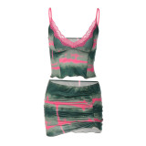 Tie-dye Multi-color Printed V-neck Lace Trimmed Camisole and Super-Short Skirt two piece Set