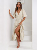 Deep V-neck Bubble Sleeve Vacation Dress